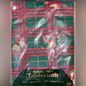 Vintage Vinyl Flannel Back Tablecloth 60 Round Christmas Santa